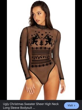 Blackmilk Black Sheer Long-Sleeve Christmas Bodysuit